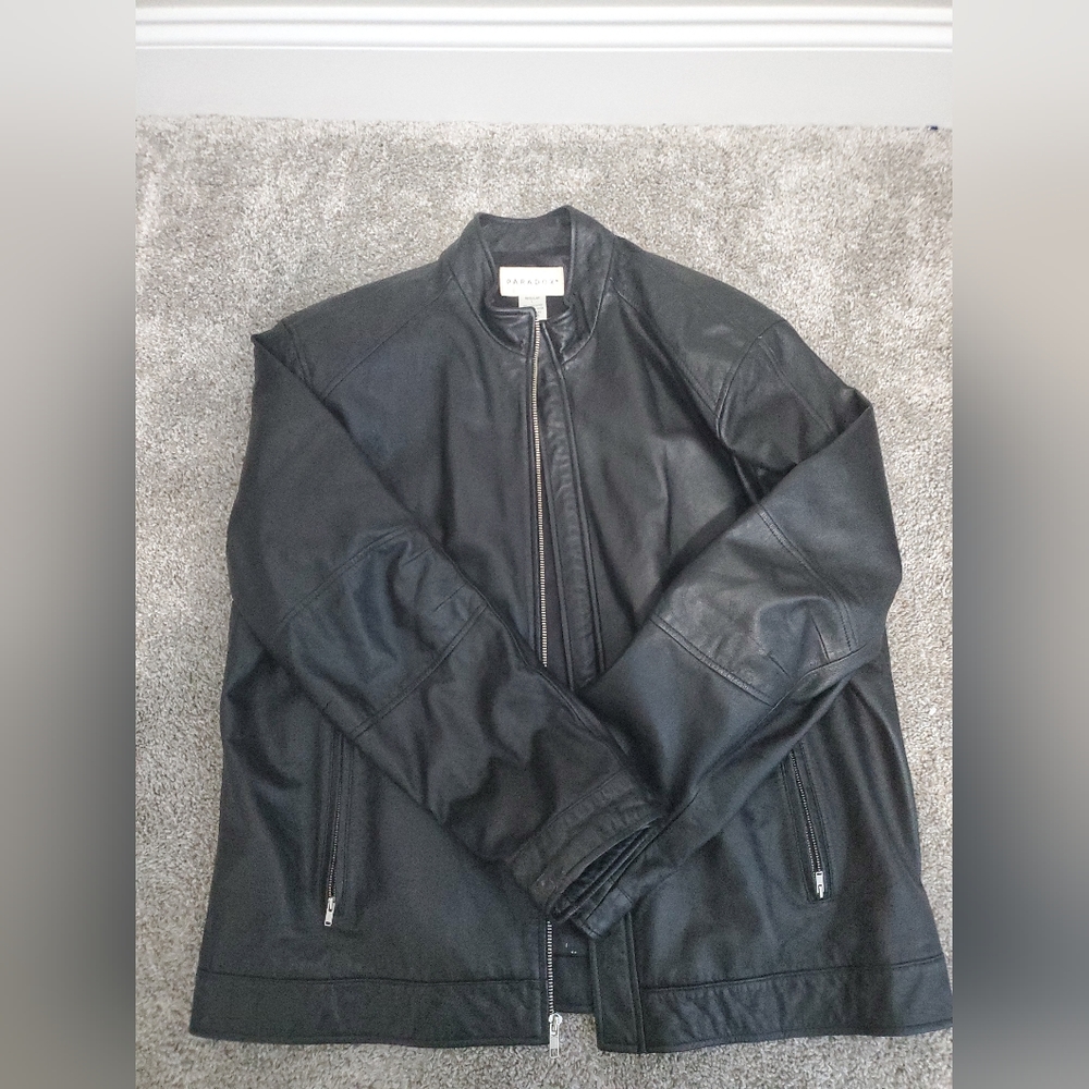 Paradox Men's Leather full zip Overcoat Jacket Black Size L